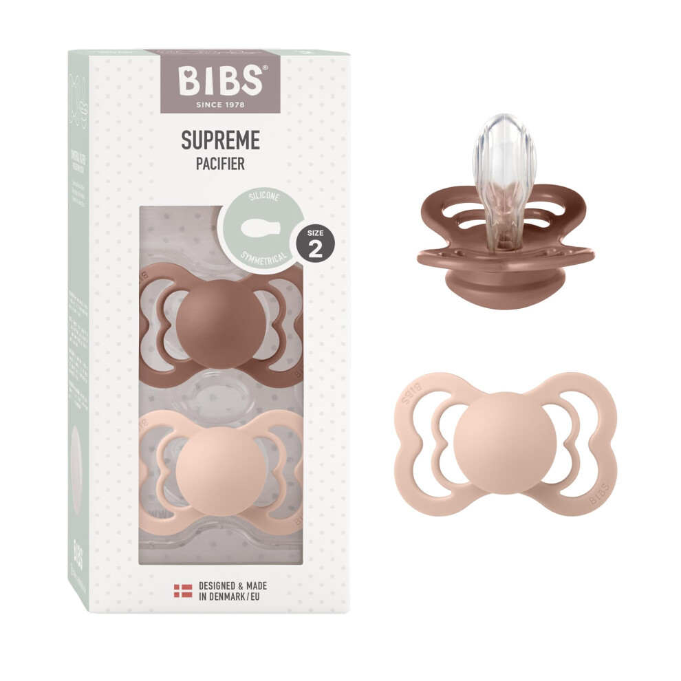 Supreme Dummies 2-Pack, Bpa Free Dummy Pacifier, Silicone Symmetrical Nipple Soother, Size 2 (6-18 Months), Woodchuck/Blush Bibs
