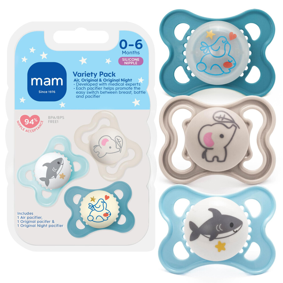Mam Variety Pack Baby Pacifier, Includes 3 Types Of Pacifiers, Nipple Shape Helps Promote Healthy Oral Development, 3 Pack, 0-6 Months, Boy