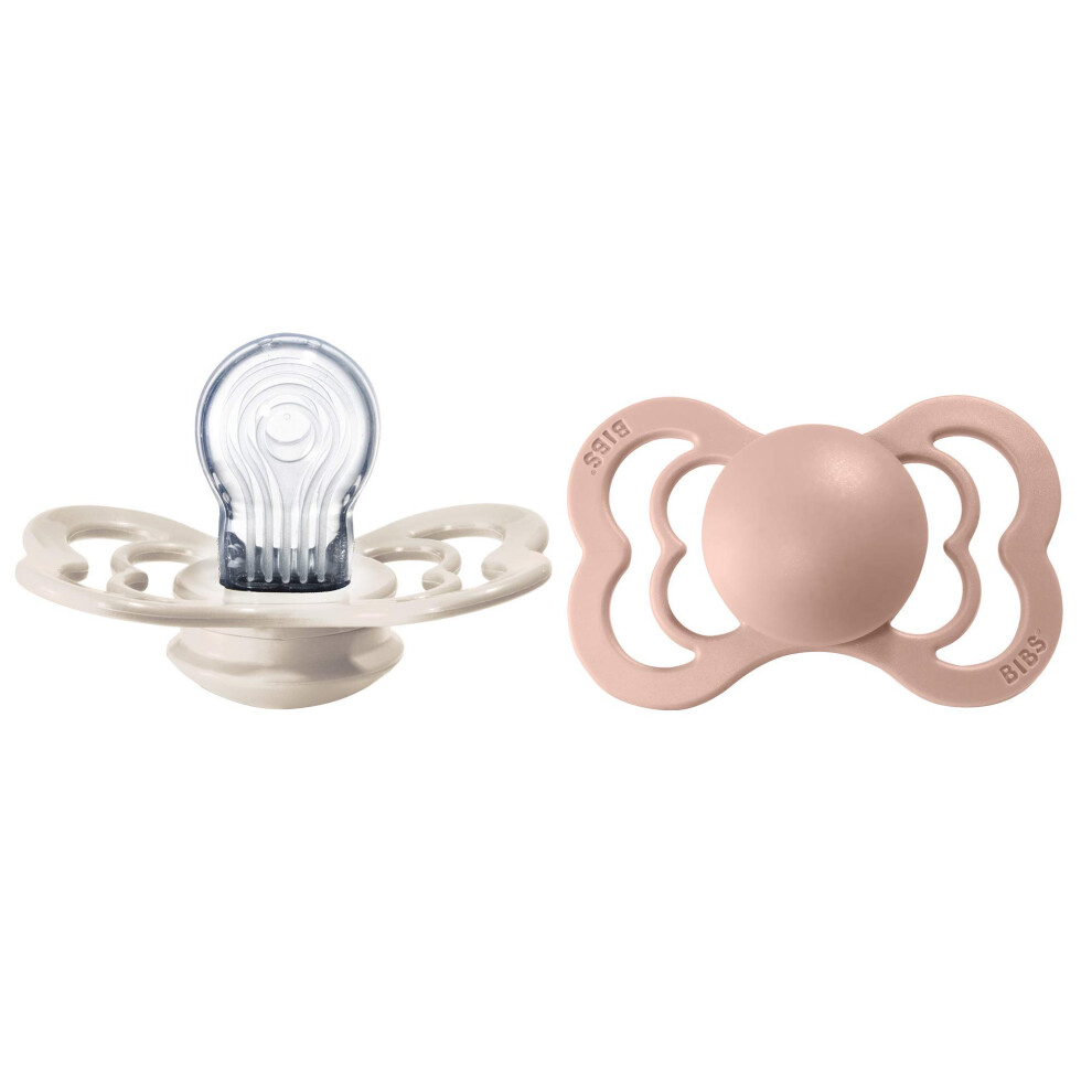 Supreme Dummies 2 Pack, Symmetrical Nipple, Bpa Free, Silicone Dummy Pacifier, Size 2 (6-18 Months), /Blush Ivory Bibs