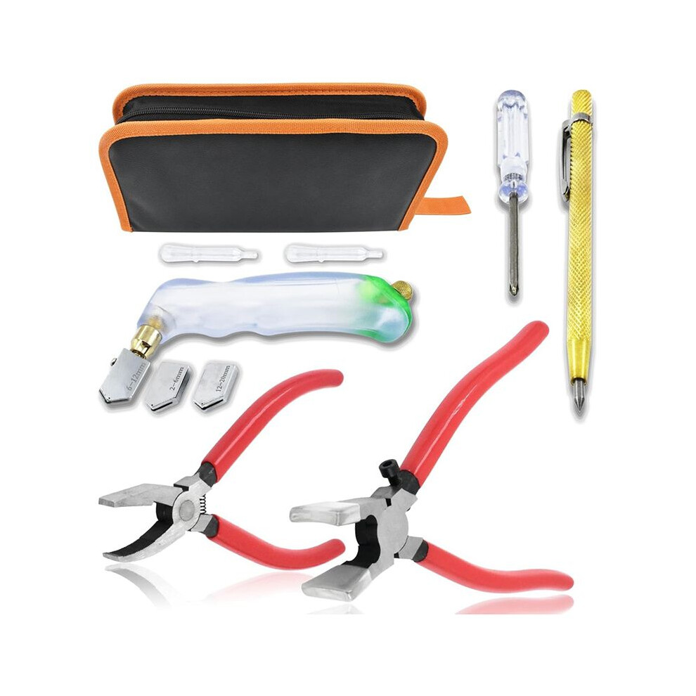 10Pcs Heavy Duty Glass Cutting Tool Kit, Curve Jaw Glass Running Pliers Breaker Grozer Pliers, Pencil Style Oil Feeder 6033402168829