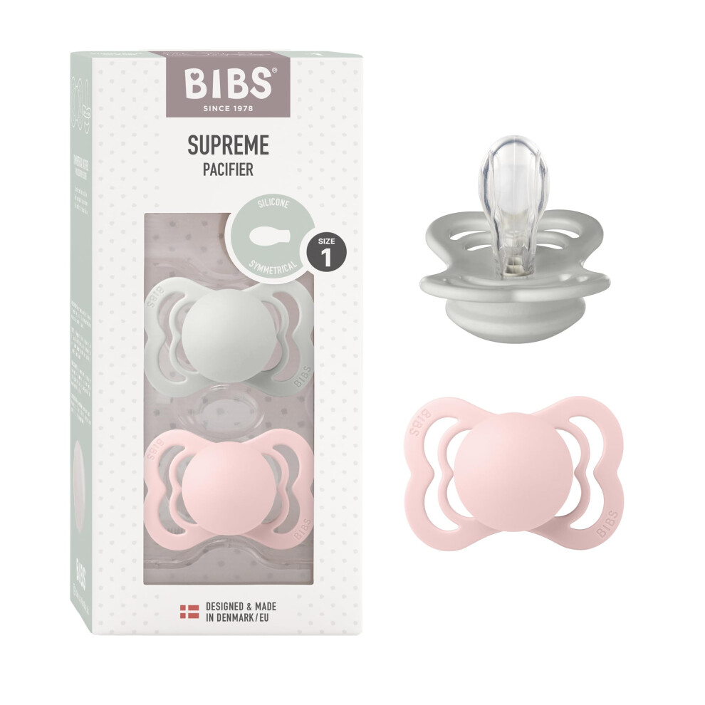 Supreme Dummies 2-Pack, Bpa Free Dummy Pacifier, Silicone Symmetrical Nipple Soother, Size 1 (0-6 Months), Haze/Blossom Bibs
