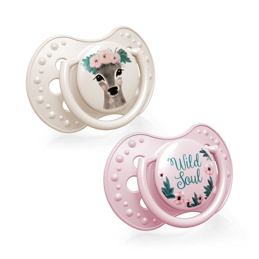 Soother 3-6 Months, Baby Dummies With Silicone Teat, Dynamic Tip, Wild Soul Girl Collection, 2 Pieces, Rose Lovi
