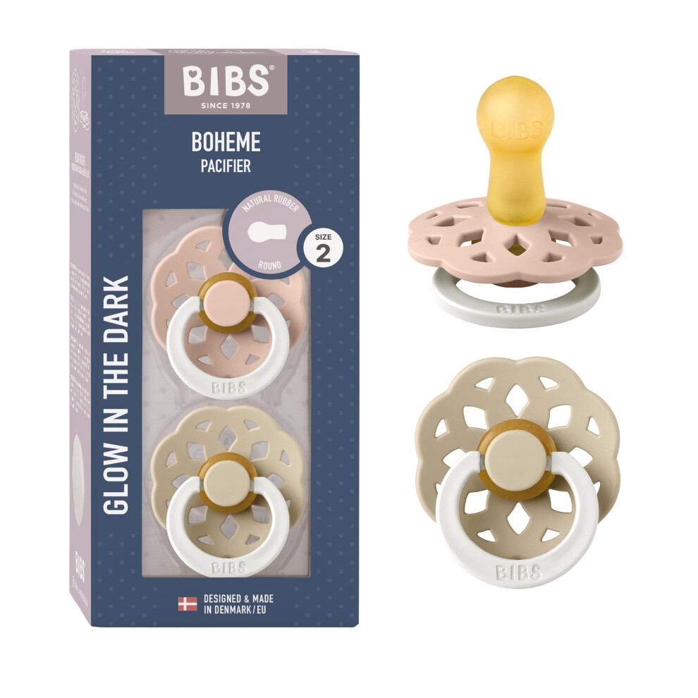Boheme Glow In The Soother 2-Pack. Bpa Free. Round Nipple Latex, Size 2 (6-18 Months), Blush Glow/Vanilla Glow Dark Bibs