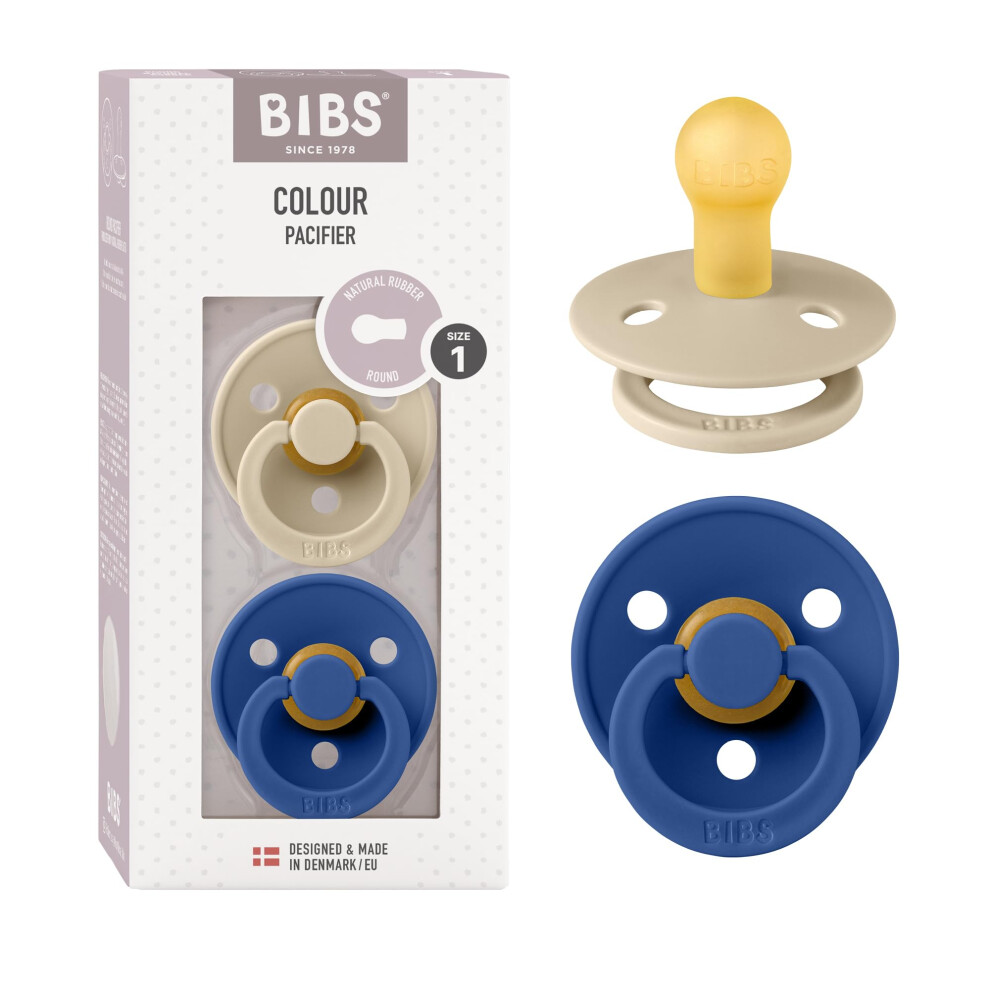 Colour Soother 2-Pack, Bpa Free Dummy Pacifier, Round Nipple. Natural Rubber Latex, Made In Denmark. 0-6 Months (Pack Of 2), Vanilla/Cornflower Bibs