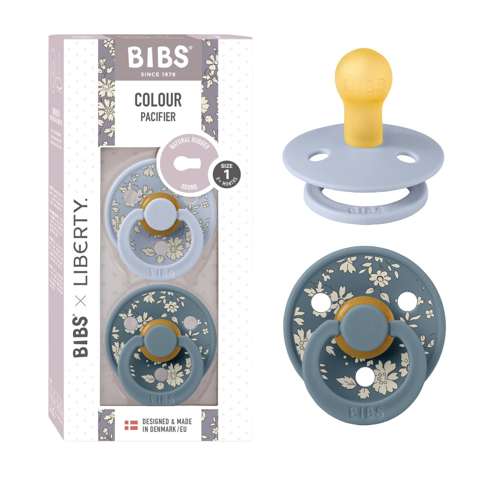 Liberty Dummies | 2 Colour Natural Rubber Latex Soothers | Bpa Free Dummy | Round Nipple Pacifier | Designed & Made In Denmark | Capel Dusty Blue Bibs