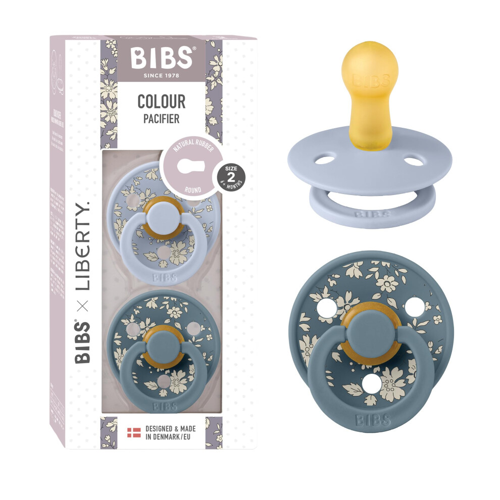 Liberty Dummies | 2 Colour Natural Rubber Latex Soothers | Bpa Free Dummy | Round Nipple Pacifier | Designed & Made In Denmark | Capel Dusty Blue Bibs