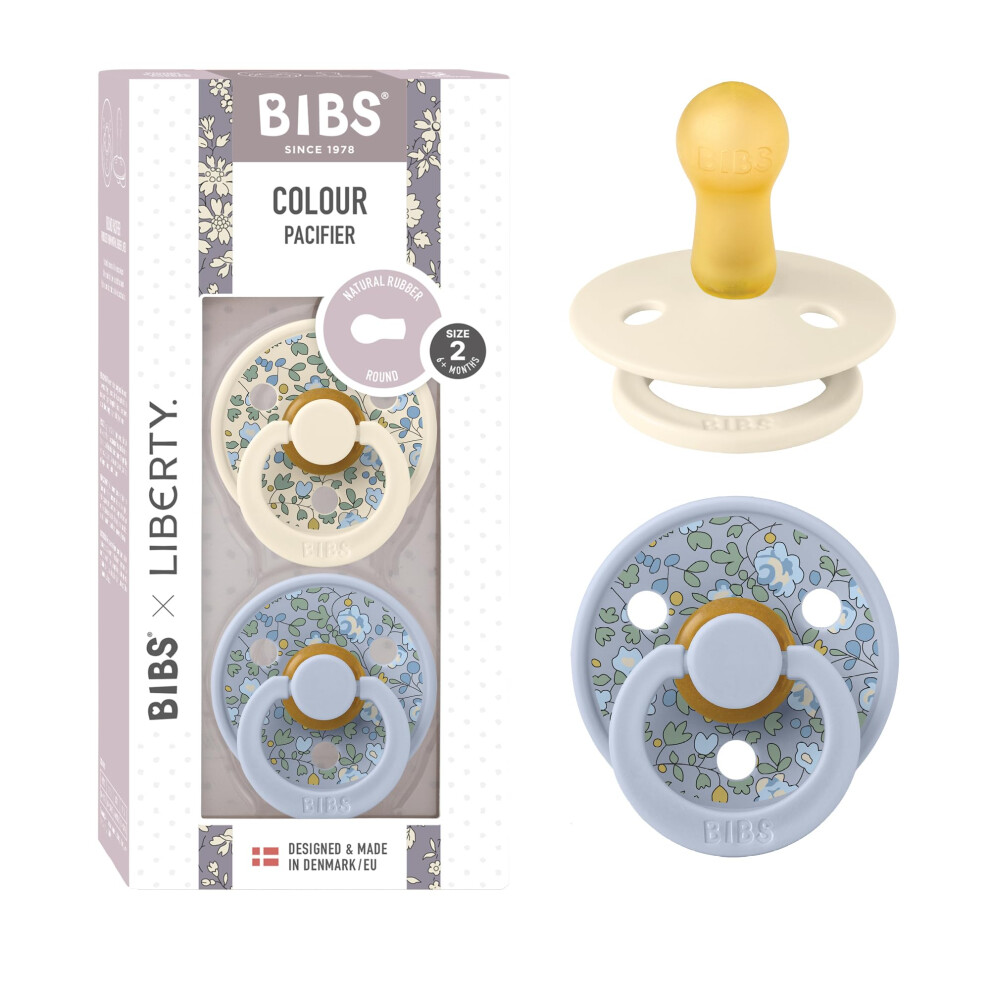 Liberty Dummies | 2 Colour Natural Rubber Latex Soothers | Bpa Free Dummy | Round Nipple Pacifier | Designed & Made In Denmark | Eloise Dusty Bibs