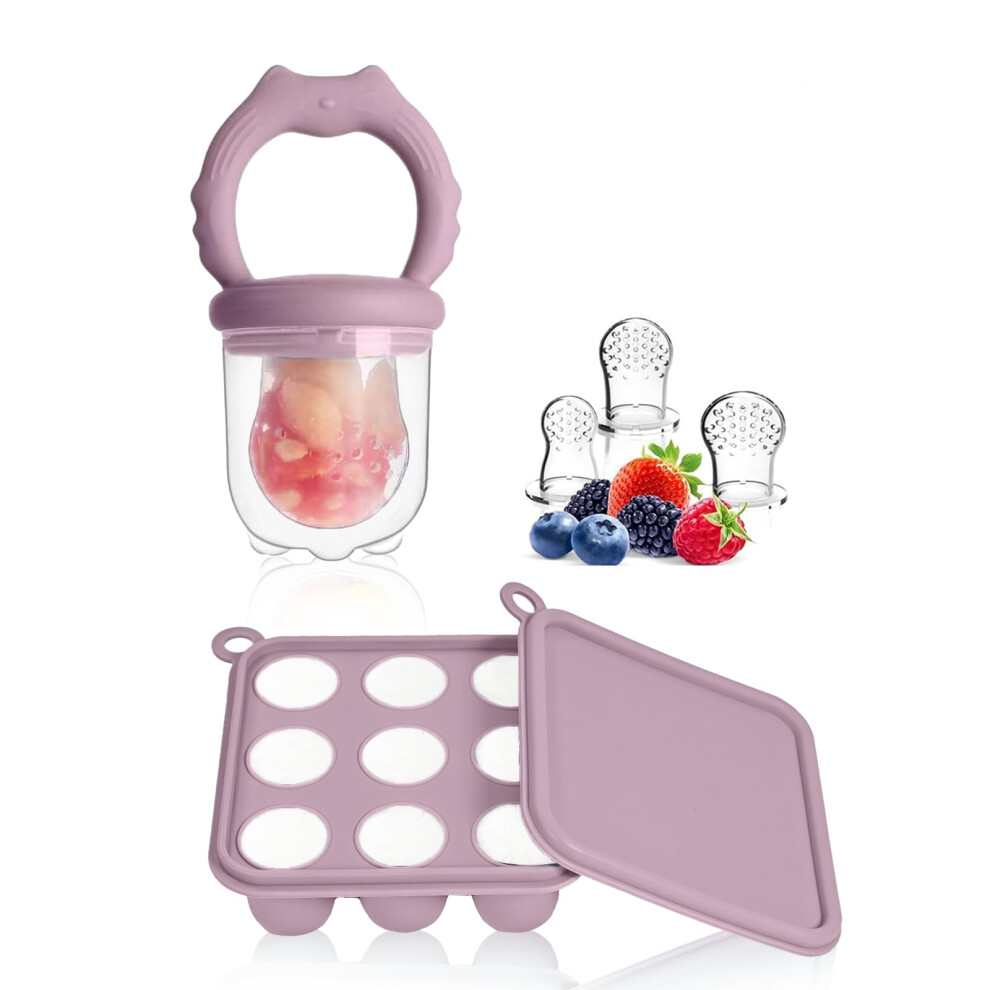 Fruit Feeder For Baby - Silicone Ice Lolly Moulds With 3 Extra Feeder Pacifier- For Teething Relief & Infant Self Feeding (Cat ) Purple Wesweet