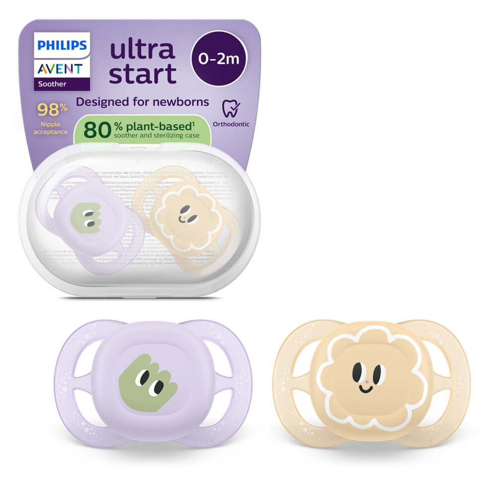 Philips Ultra Start Soothers - Orthodontic Design, For Newborns, Soft Silicone Symmetrical Teat, Bpa-Free, With Sterilizing Case, 2 Pack, Avent