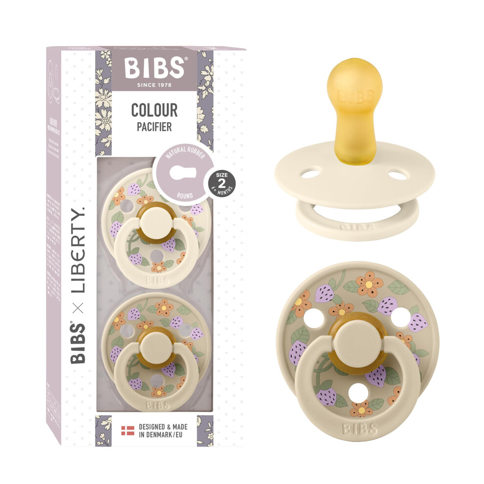 Liberty Dummies | 2 Colour Natural Rubber Latex Soothers | Bpa Free Dummy | Round Nipple Pacifier | Designed & Made In Denmark | Strawberries And Bibs