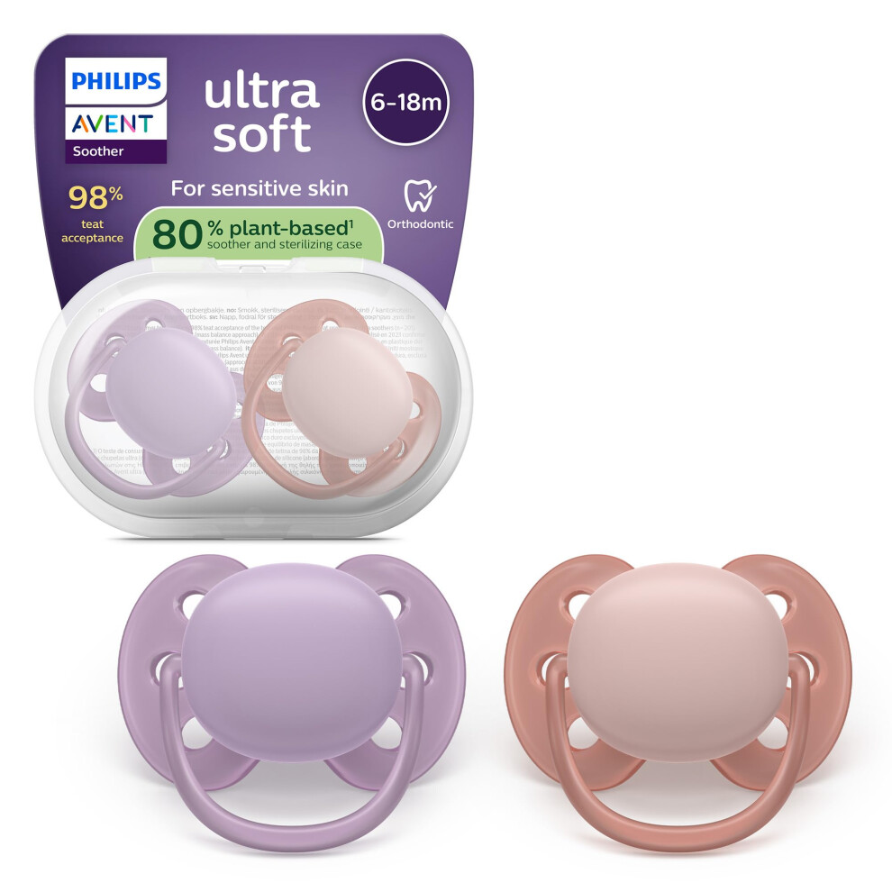 Philips Ultra Soft Soothers - Orthodontic Design, For Babies 6-18 Months, Flexible Shield, Silicone Symmetrical Teat, Bpa-Free, With Sterilizing Avent