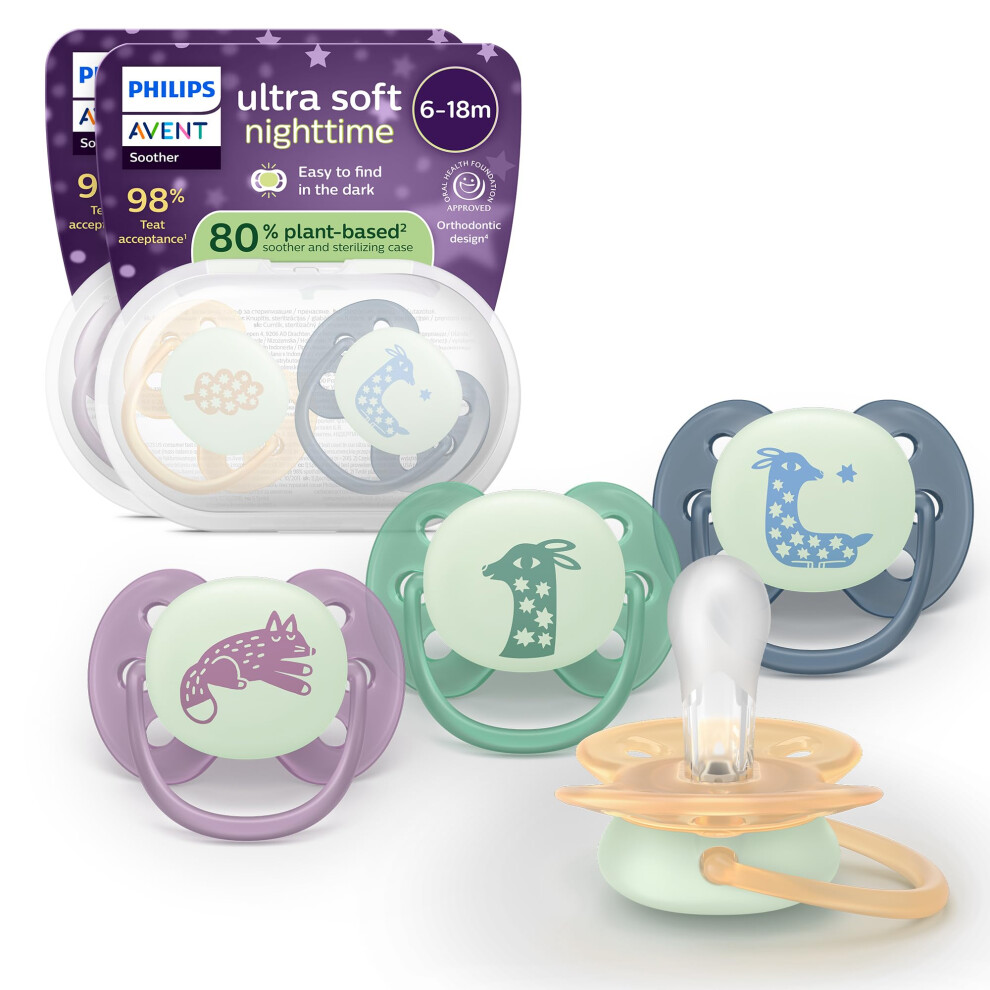Philips Ultra Soft Nighttime Soothers - Orthodontic Design, For Babies 6-18 Months, Glow In The Symmetrical Silicone Teat, Bpa-Free, Dark Avent