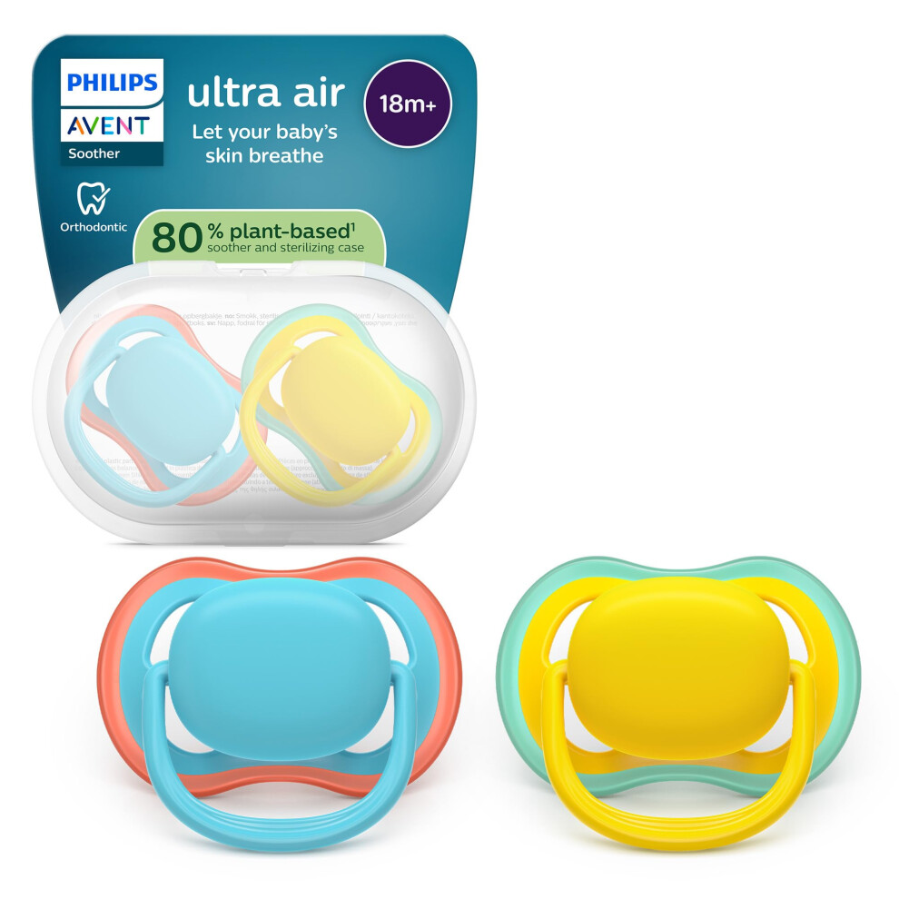 Philips Ultra Air Soothers - Orthodontic, Babies 18 Months+, Soft Silicone Teat, Bpa-Free, Sterilising Case, 2 Pack, Scf349/57 Avent