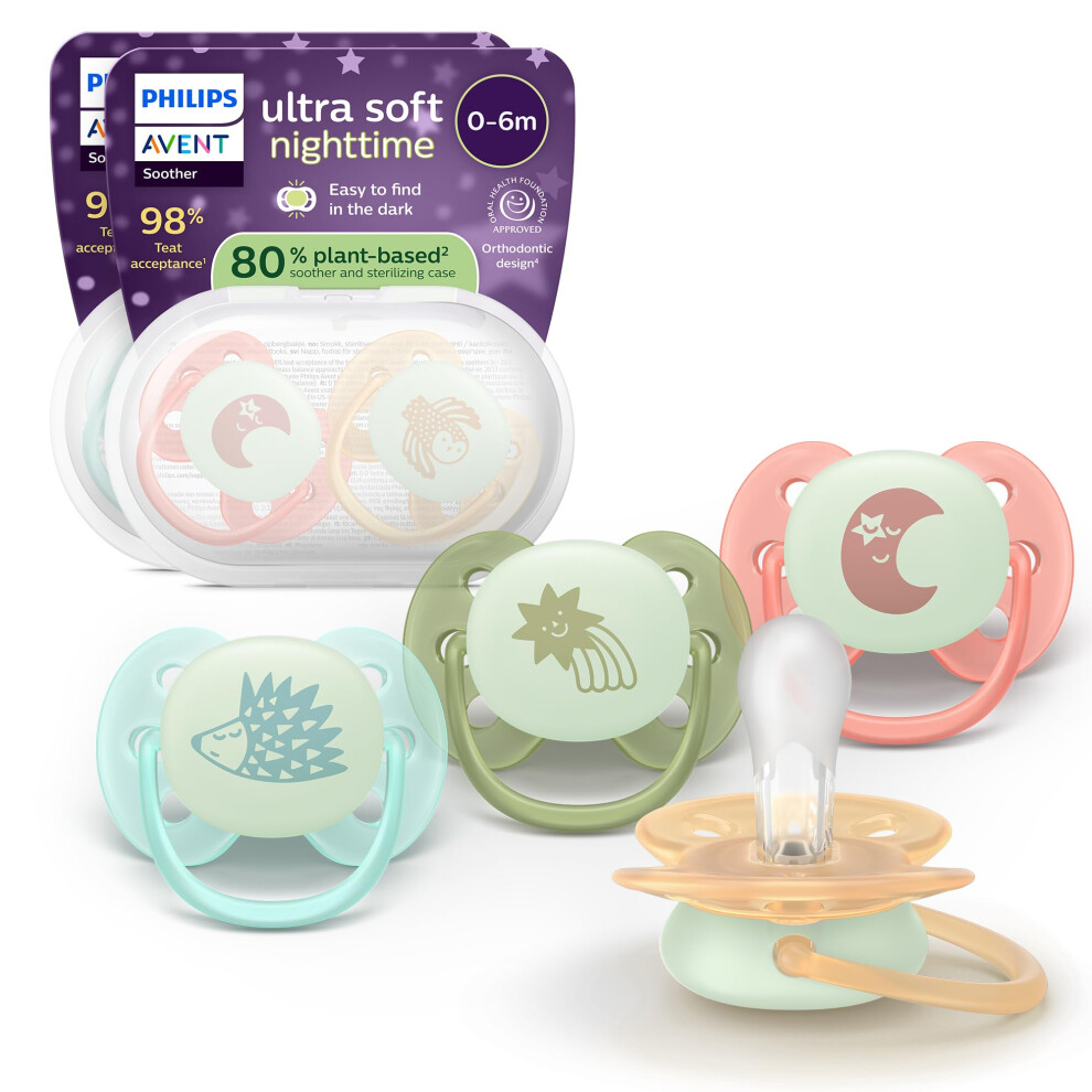 Philips Ultra Soft Nighttime Soothers - Orthodontic Design, For Babies 0-6 Months, Glow In The Flexible Shield, Symmetrical Silicone Teat, Dark Avent