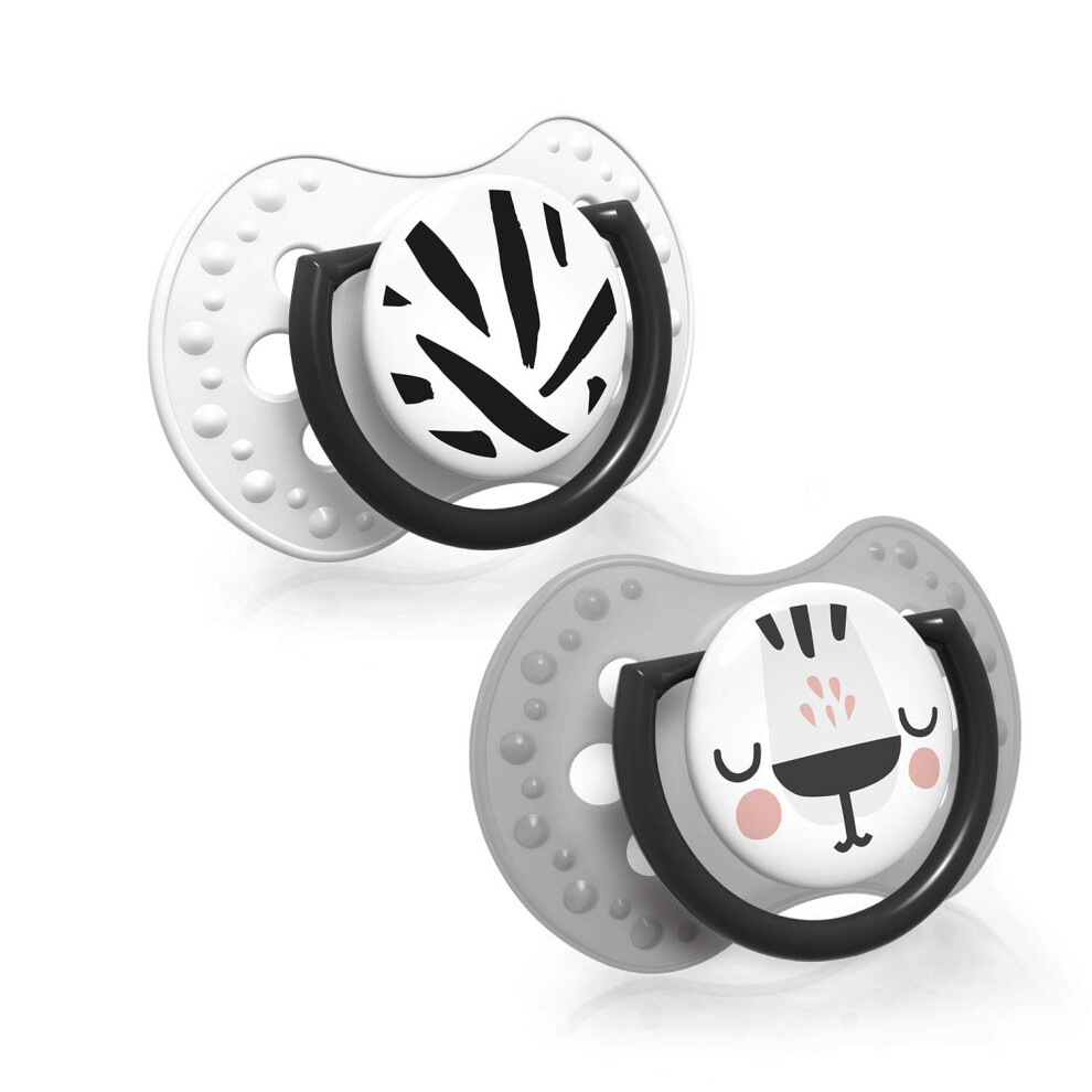 Soother 6-18 Months, Baby Dummies With Silicone Teat, Dynamic Tip, Salt & Pepper Collection, 2 Pieces, White Lovi