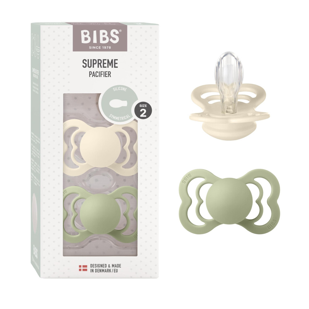 Supreme Dummies 2-Pack, Bpa Free Dummy Pacifier, Silicone Symmetrical Nipple Soother, Size 2 (6-18 Months), /Sage Ivory Bibs