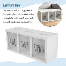 Wooden Give Save Spend Money Saving Box for Kids, Countertop Kid Piggy Bank for Daily Cash, Wall-Mount Kids Bank White