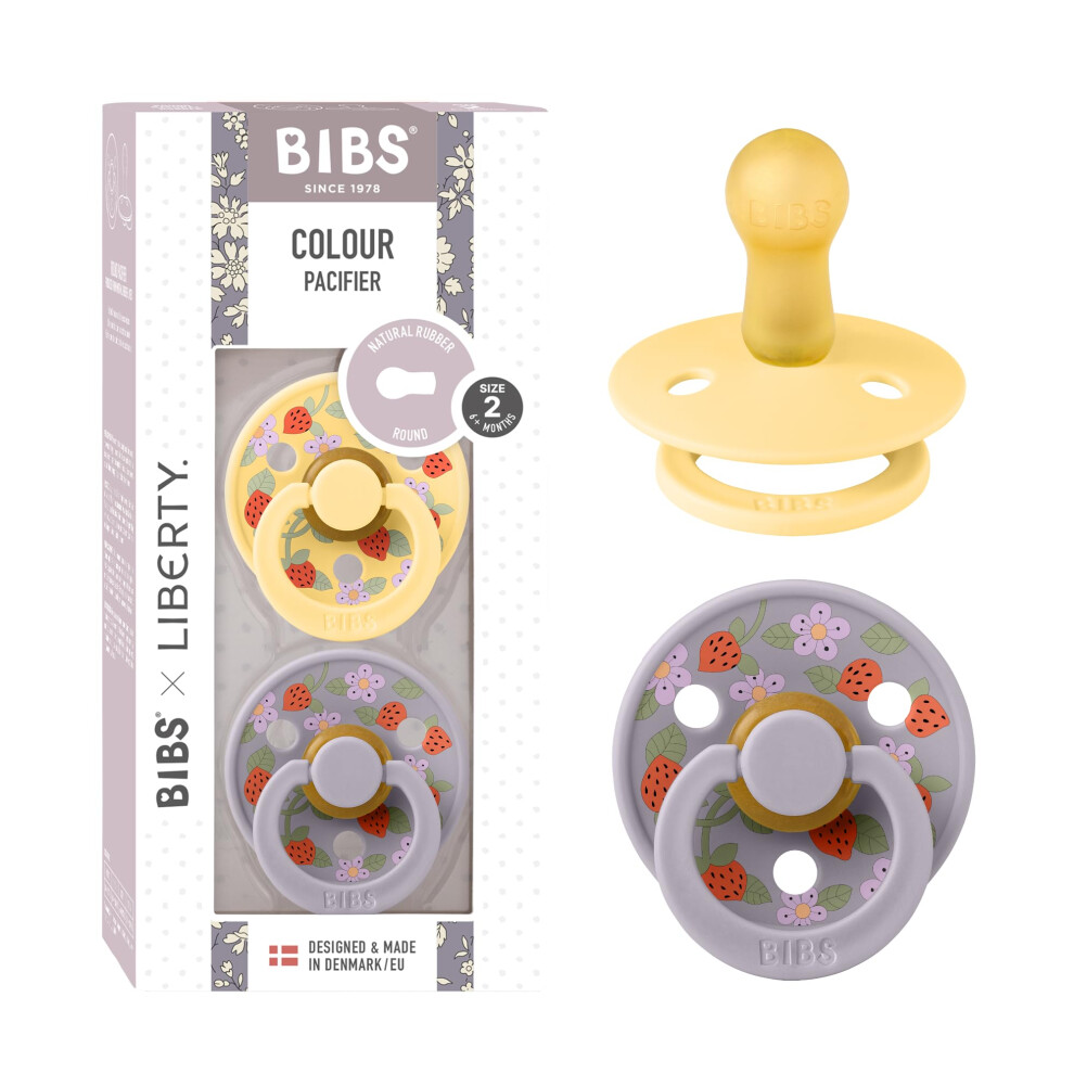 Liberty Dummies | 2 Colour Natural Rubber Latex Soothers | Bpa Free Dummy | Round Nipple Pacifier | Designed & Made In Denmark | Strawberries And Bibs