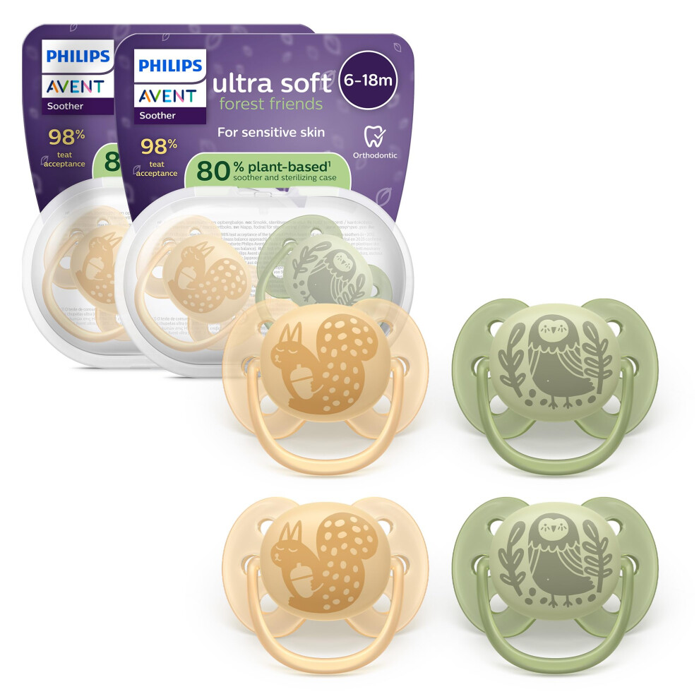 Philips Ultra Soft Soothers - Orthodontic Design, For Babies 6-18 Months, Flexible Shield, Silicone Symmetrical Teat, Bpa-Free, 2 Sterilizing Avent