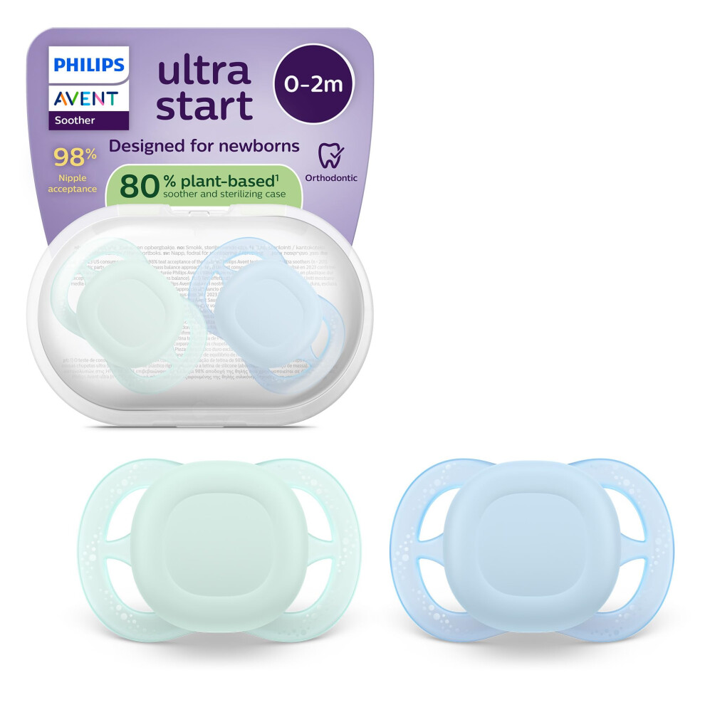 Philips Ultra Start Soothers - Orthodontic Design, For Newborns, Soft Silicone Symmetrical Teat, Bpa-Free, With Sterilizing Case, 2 Pack, Avent