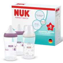 NUK Perfect Match Baby Bottle | 3+ Months | 260ml | Anti Colic Feeding Bottle | PP | Temperature Control Indicator | Hippo | 3 Count
