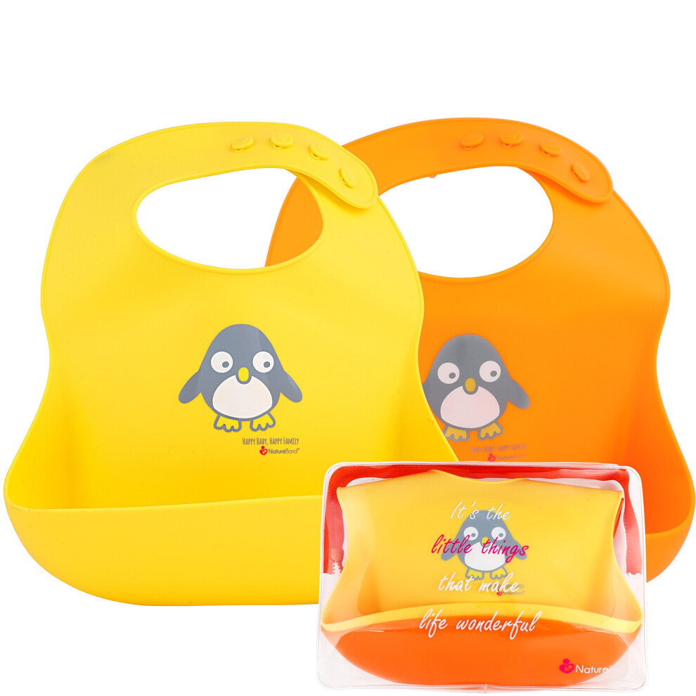 Naturebond Silicone Weaning Bibs For Babies & Toddlers (2Pcs) With Waterproof Pouch | Comfortable Soft 4 Buttons Bib (Lemonade Yellow & Tangerine