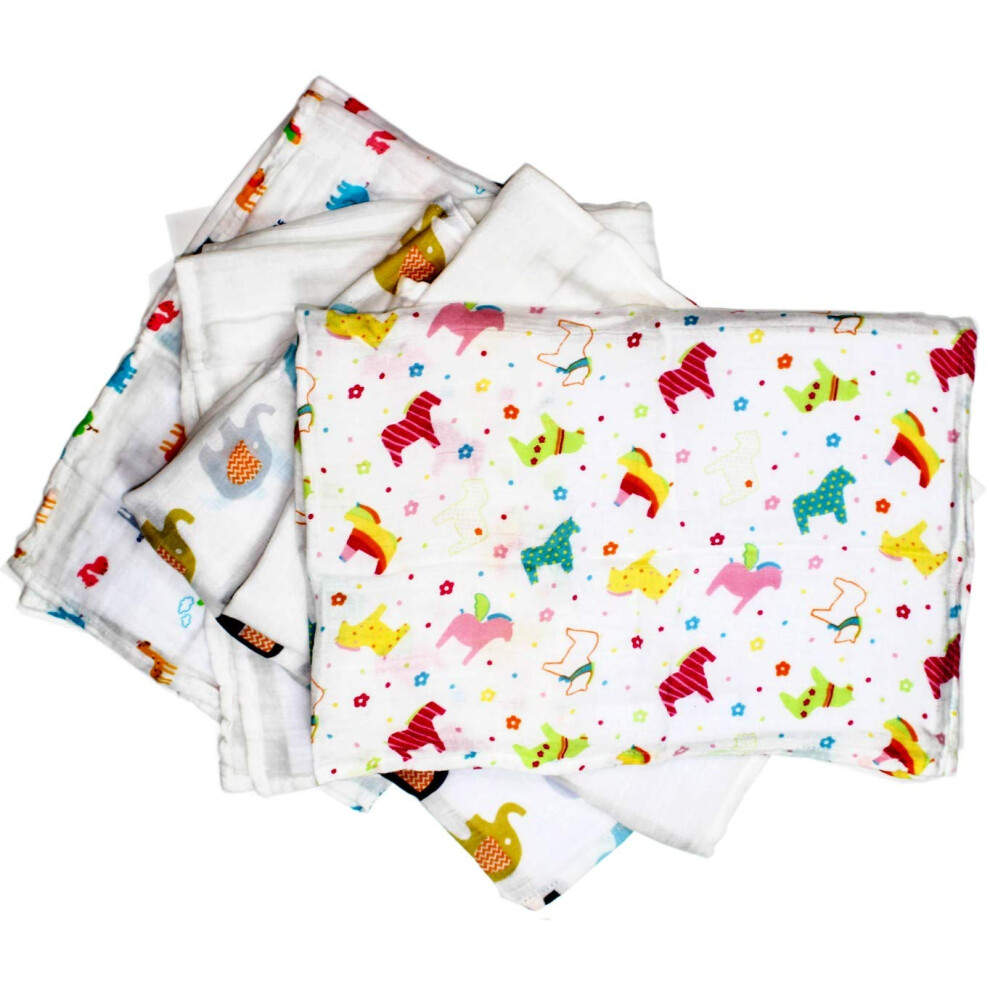 Little English Quality Muslin Squares Cloth For Babies, Ultrasoft With Unique Animal Designs - Rainbow Friends - Pack Of 5 - Size 60Cm X 60Cm Lebco