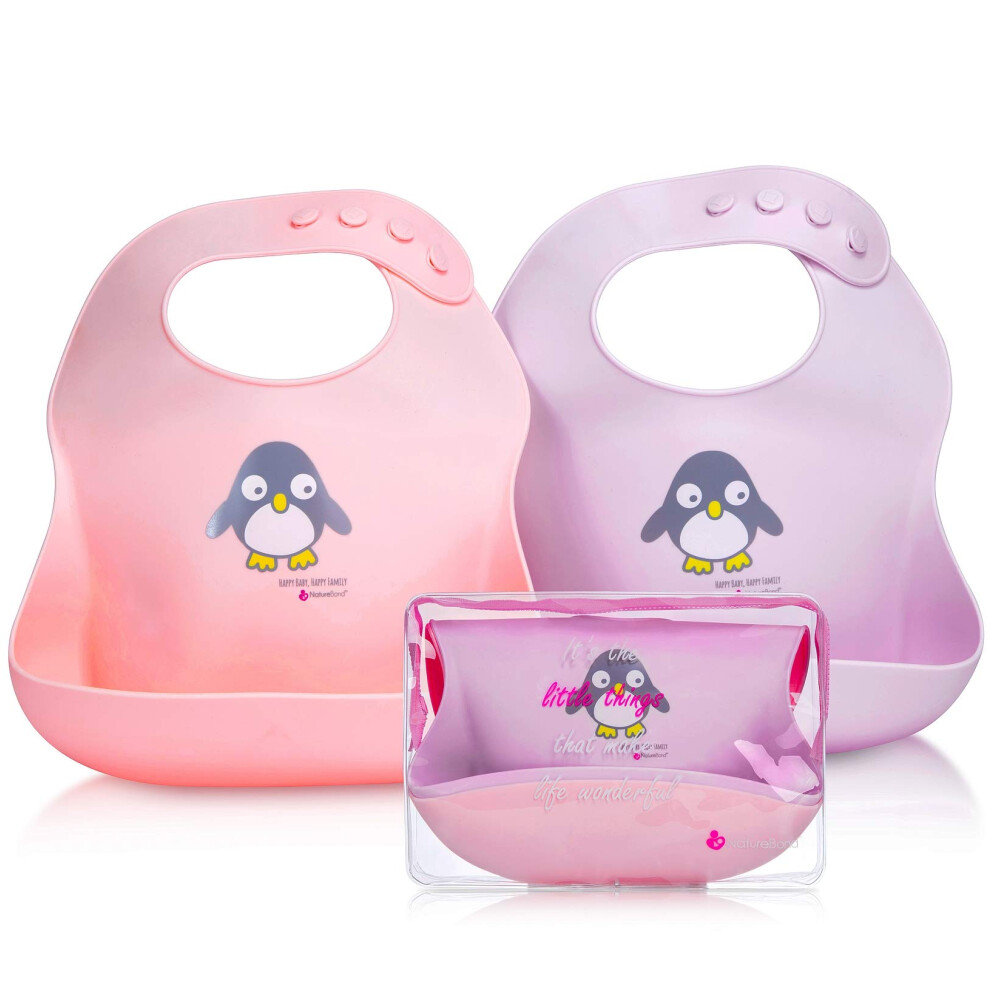 Naturebond Silicone Weaning Bibs For Babies & Toddlers (2Pcs) With Waterproof Pouch | Comfortable Soft Waterproof Bib Keeps Stains Off (Cotton Candy