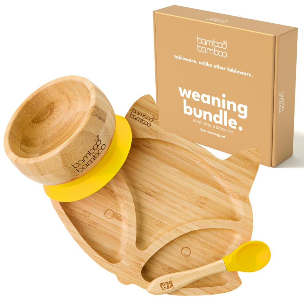 Baby Plate & Bowl Weaning Set With Secure Suction For Feeding And Weaning, Bamboo Fox Plate, Toddler Bowl & Baby Spoon, Suction Plates Bamboo Bamboo