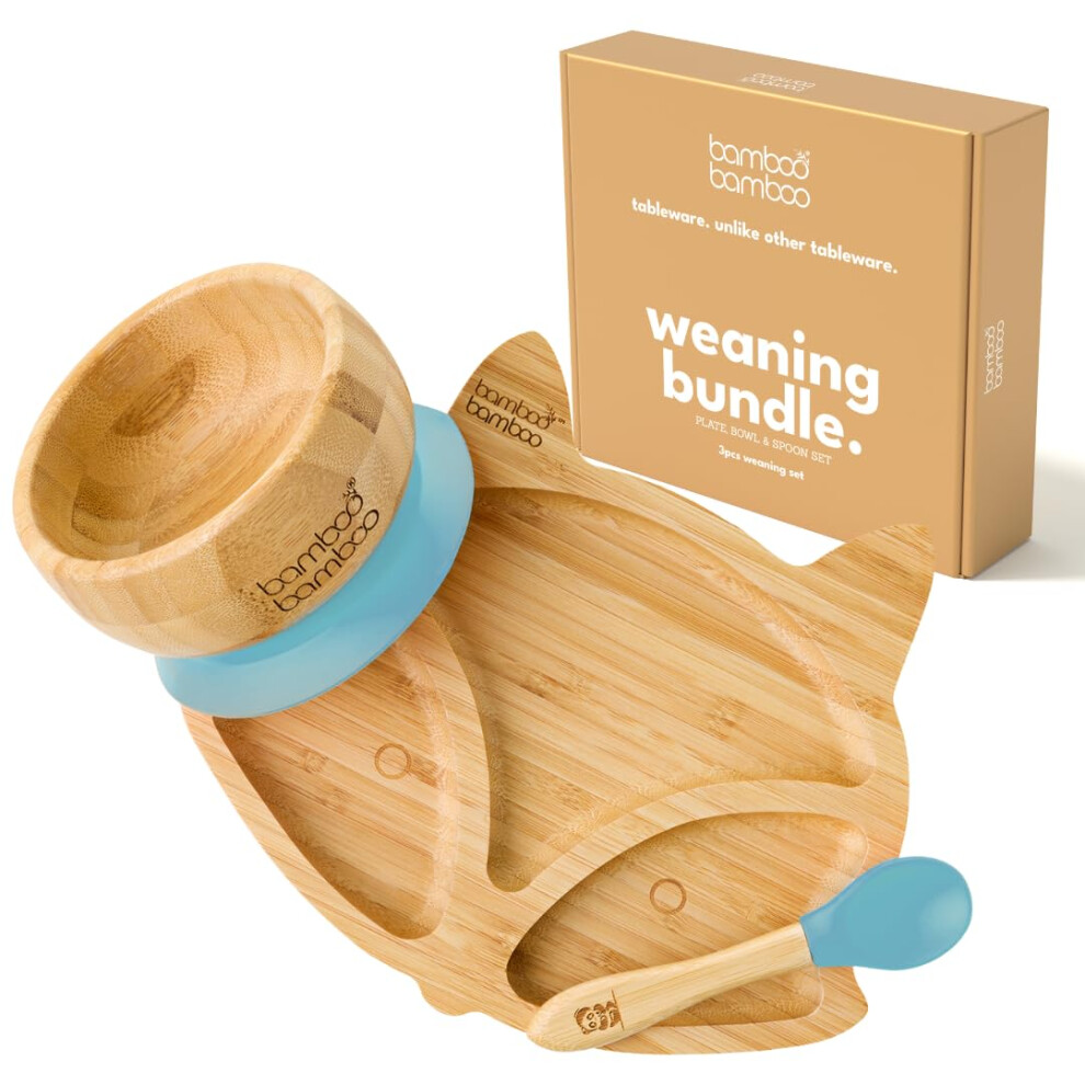 Baby Plate & Bowl Set For Feeding And Weaning, Bamboo Fox Plate, Toddler Bowl & Baby Spoon, Suction Plates For Babies From 6 Months Bamboo Bamboo