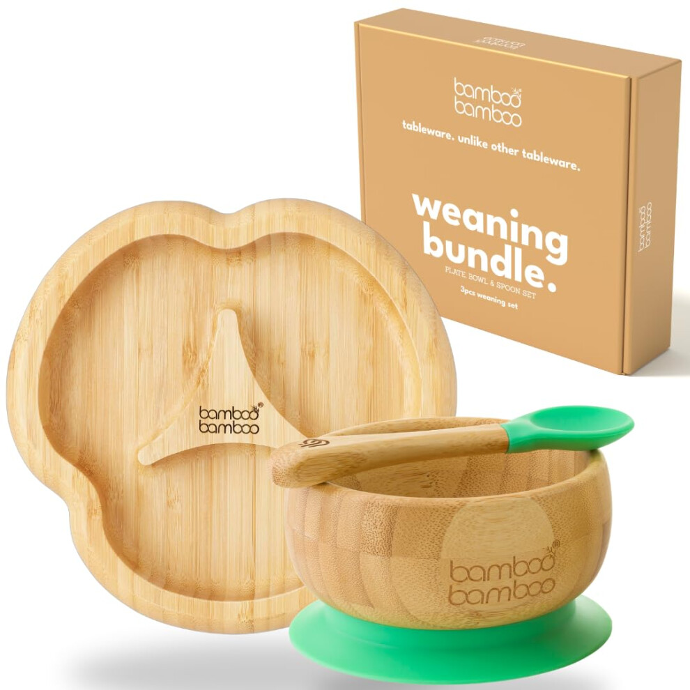 Baby Plate & Bowl Weaning Set With Removable Suction For Feeding And Weaning, Bamboo Divider Plate, Toddler Bowl & Spoon, Suction Plates Bamboo Bamboo