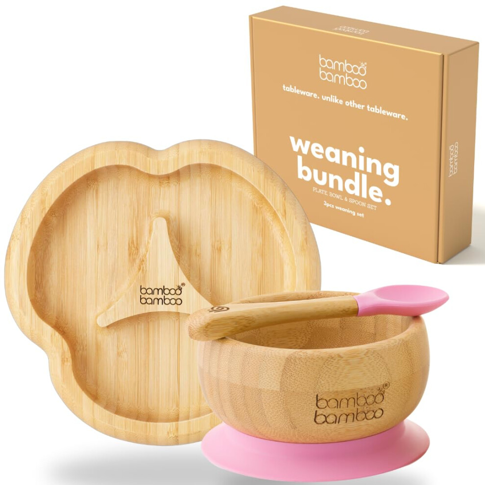 Baby Plate & Baby Bowl Weaning Set, Suction Plate And Bowl For Feeding And Weaning, Bamboo Divider Plate, Toddler Bowl & Baby Spoon, Bamboo Bamboo