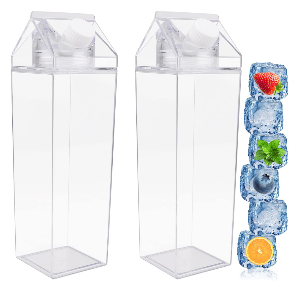Milk Carton Water Bottle,2 Pack 1000Ml Portable Square Cute Clear Water Bottle With Screw Top,Summer Reusable Leak Proof Juice Drinking Bottle For Jodsen