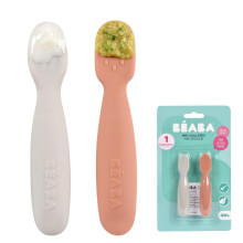 BEABA, Set of 2 1st Age Baby Spoons, Silicone Teaspoons, Baby Cutlery, from 4 Months, Ergonomic Shape, Different Textures, Ergonomic Handle,