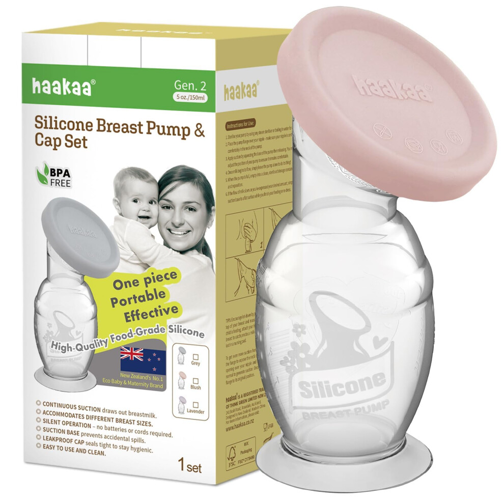 Silicone Breast Pump & Silicone Cap (Blush) 5Oz/150Ml, Gen.2 Haakaa