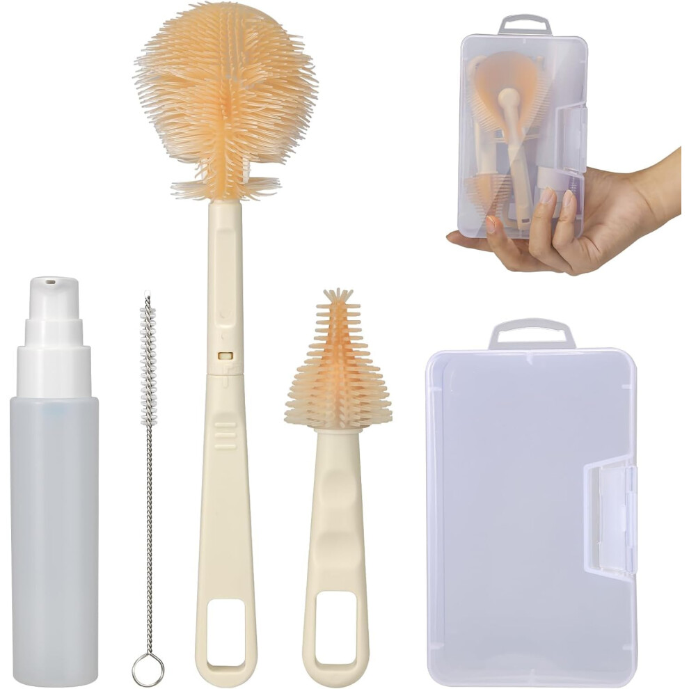 Baby Bottle Brush Set - Portable Travel Cleaner Kit With Nipple Brush, Straw Cleaner, Soap Dispenser - Silicone Bristles - White Insimheart