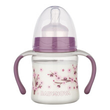 babynova Wide Neck 150ml Baby Bottle with Handles - Trainer Cup with Anti Colic Slow Flow Silicone Teat - Made in Germany - BPA-Free - Cherry Blossom