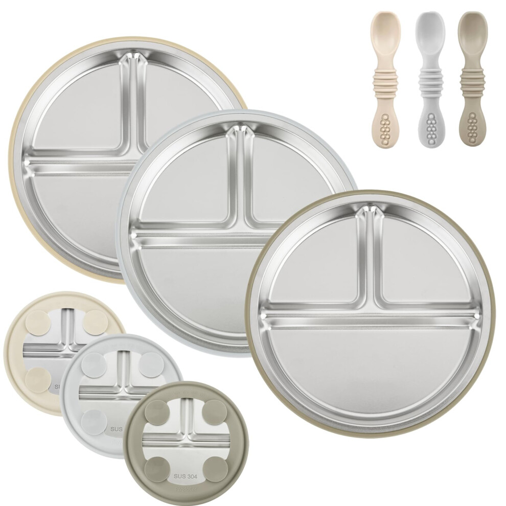 Pandaear 3 Pack Stainless Steel Baby Suction Plates & 3 Pack Baby Led Weaning Spoons, Toddler Utensils Baby Feeding Set, Divided Plates For