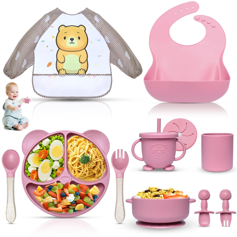 11 Pcs Baby Weaning Set, Silicone Baby Feeding Set With Suction Bowl, Adjustable Bib,Cup,Fork & Spoon,Silicone Plate Baby, Food Plate Kit, Dazhtu