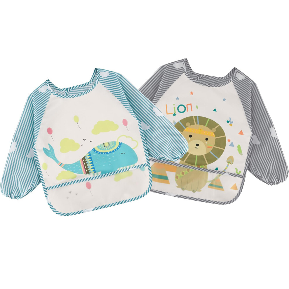 Baby Bibs With Sleeves, Waterproof Long Sleeve Bib Unisex Feeding Bibs Apron For Infant Toddler 2-Pack 02 Vancle