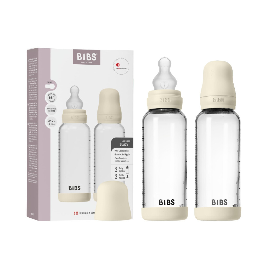 Bibs Baby Glass Bottle 2-Pack 240Ml. Anti-Colic. Vented Round Silicone Nipple. Supports Natural Breastfeeding, Complete Set - 240 Ml (Pack Of 2),