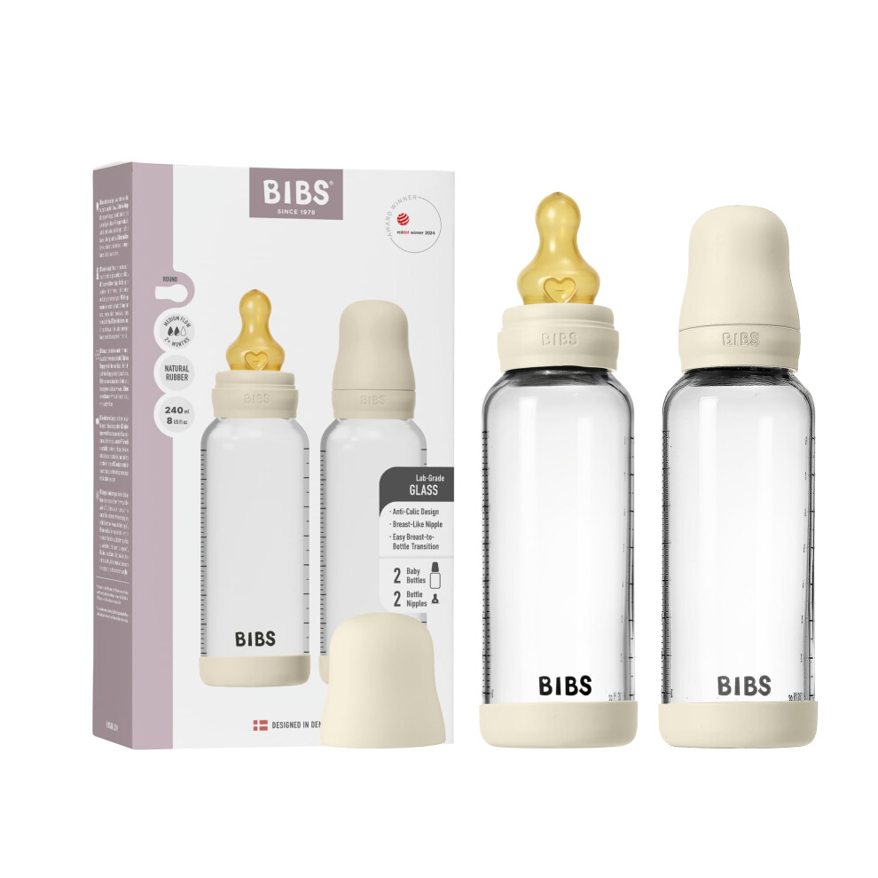 Bibs Baby Glass Bottle 2-Pack 240Ml. Anti-Colic. Vented Round Natural Rubber Latex Nipple. Supports Natural Breastfeeding, Complete Set - 240 Ml (Pack