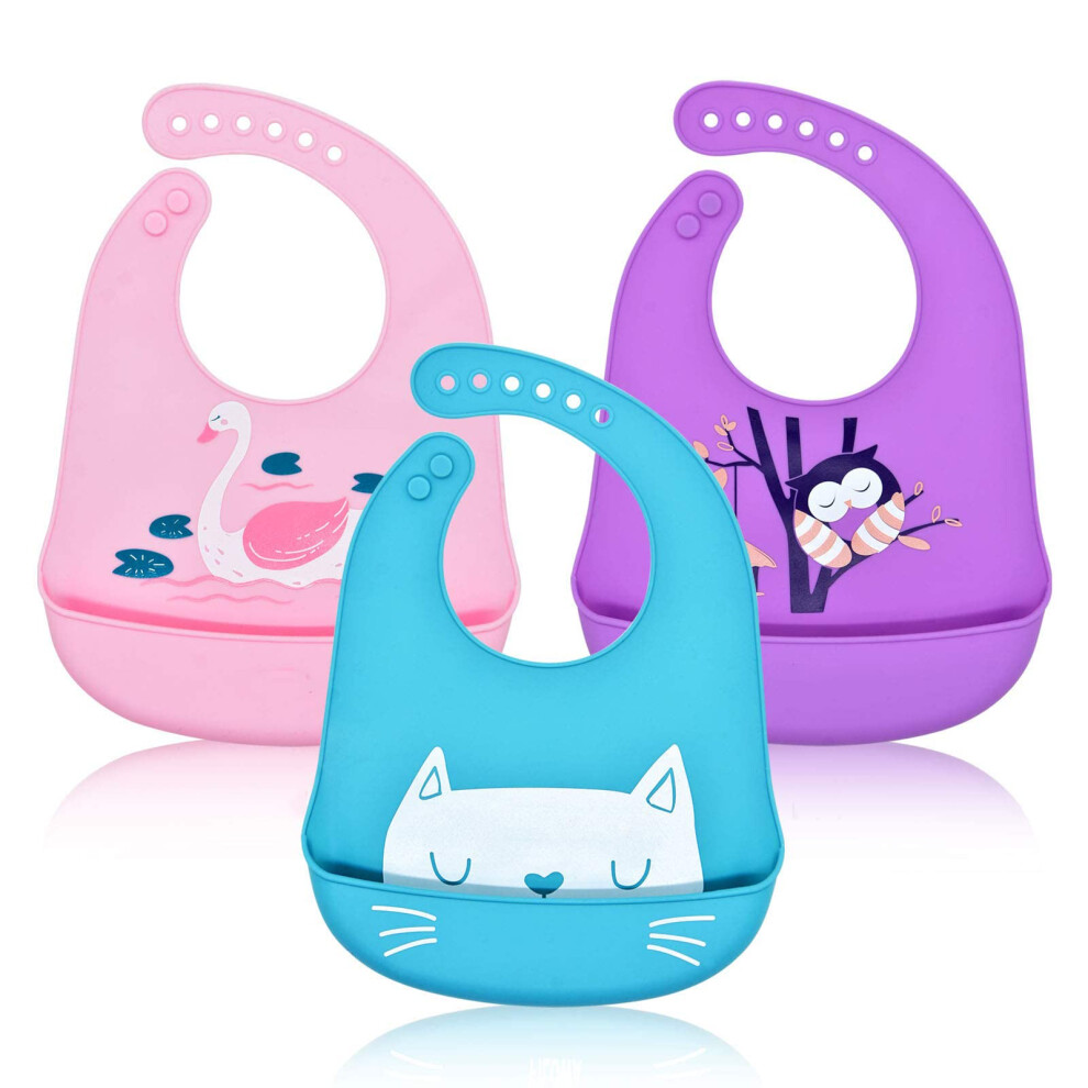 Baby Bibs Silicone Feeding Bibs Babies Weaning Waterproof Wide Food Crumb Catcher Pocket Toddlers Unisex Kids Soft Easily Wipe Clean Animal Filowa