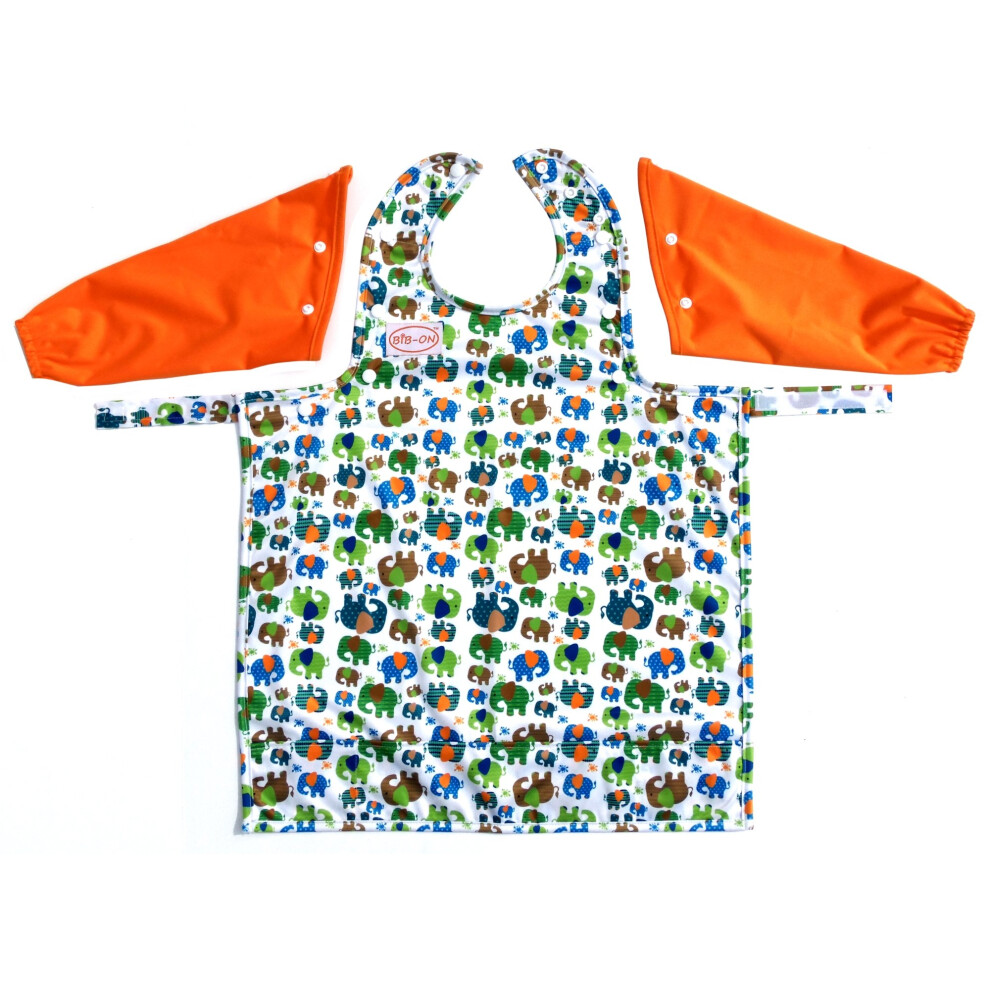 Bib-On , A New, Full-Coverage Bib And Apron Combination For Infant, Baby, Toddler Ages 0-4. (Elephants With Long Sleeves)
