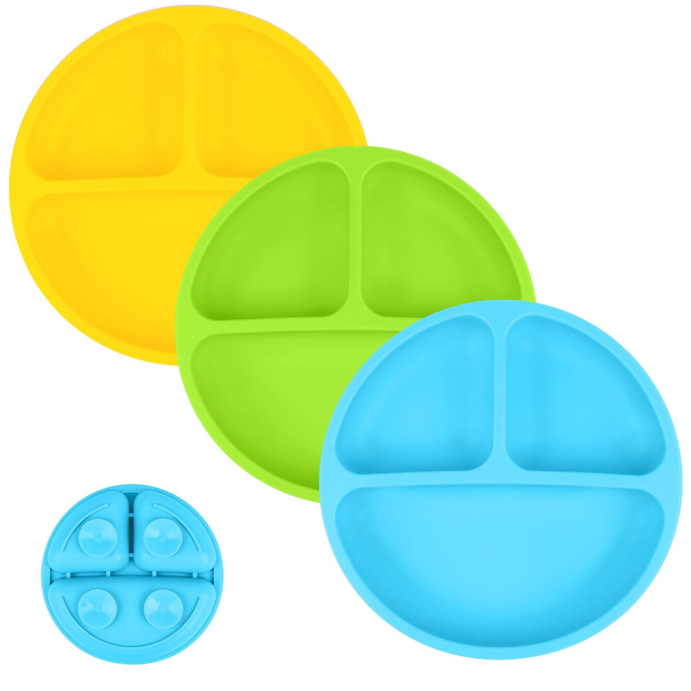 Baby Suction Plate, 3Pcs Silicone Baby Suction Plates, Non Slip Silicone Toddler Weaning Plate, Divided Dishes For Toddler Kids Self Feeding, Vicloon