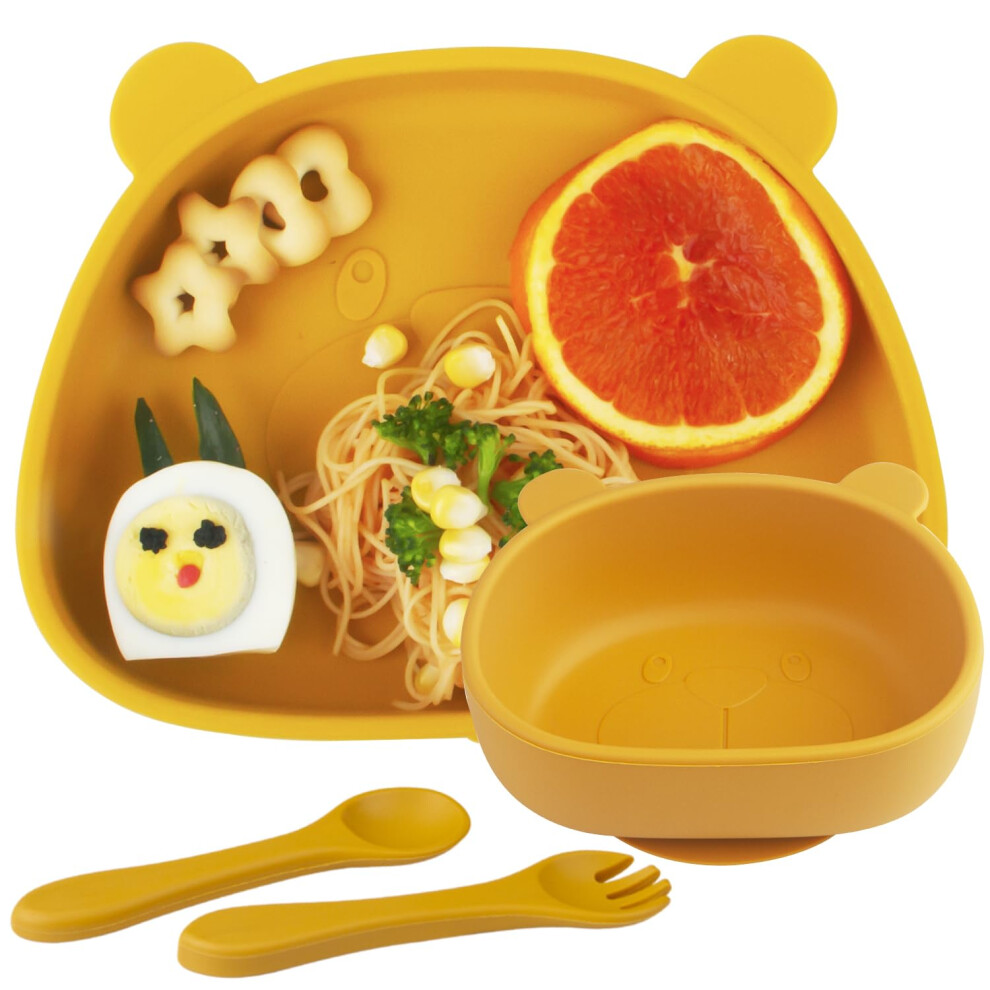 Suction Baby Plate And Bowl Set With Fork Spoon,Non Slip Toddler Divided Placemat,Bpa Free Silicone Feeding Set For Babies Toddlers Kids Qshare