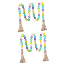 Handmade Wooden Bead Rope Decorations With Tassels For-Yellow