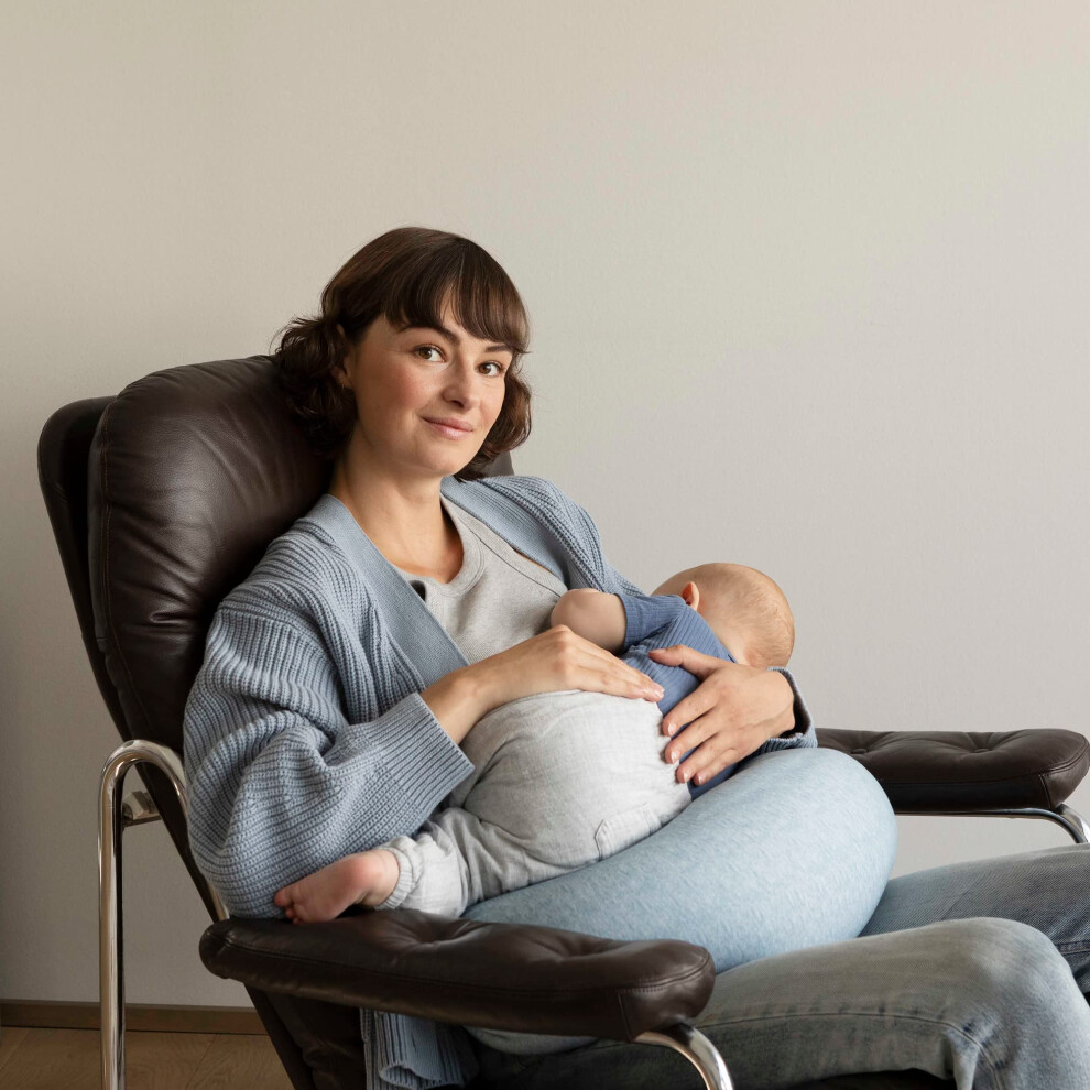 Bbhugme Adjustable Nursing Pillow - Breastfeeding, Bottle Feeding, Baby Support - Adjustable Firmness And Fit - Washable Pillow Cover - Blue Melange