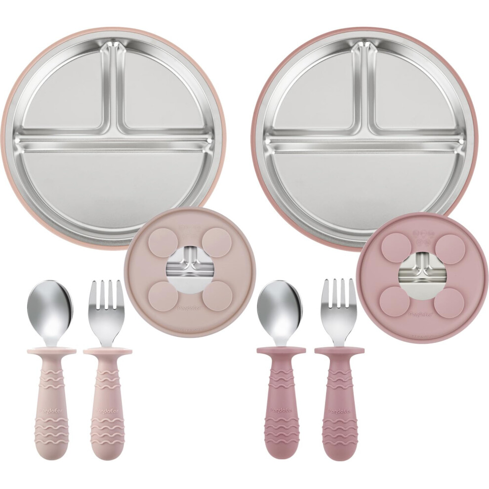 Pandaear 2 Pack Stainless Steel Baby Suction Plates & 2 Pack Spoons And Forks Set, Baby Feeding Set For Baby Girls, Divided Plates For Baby Led