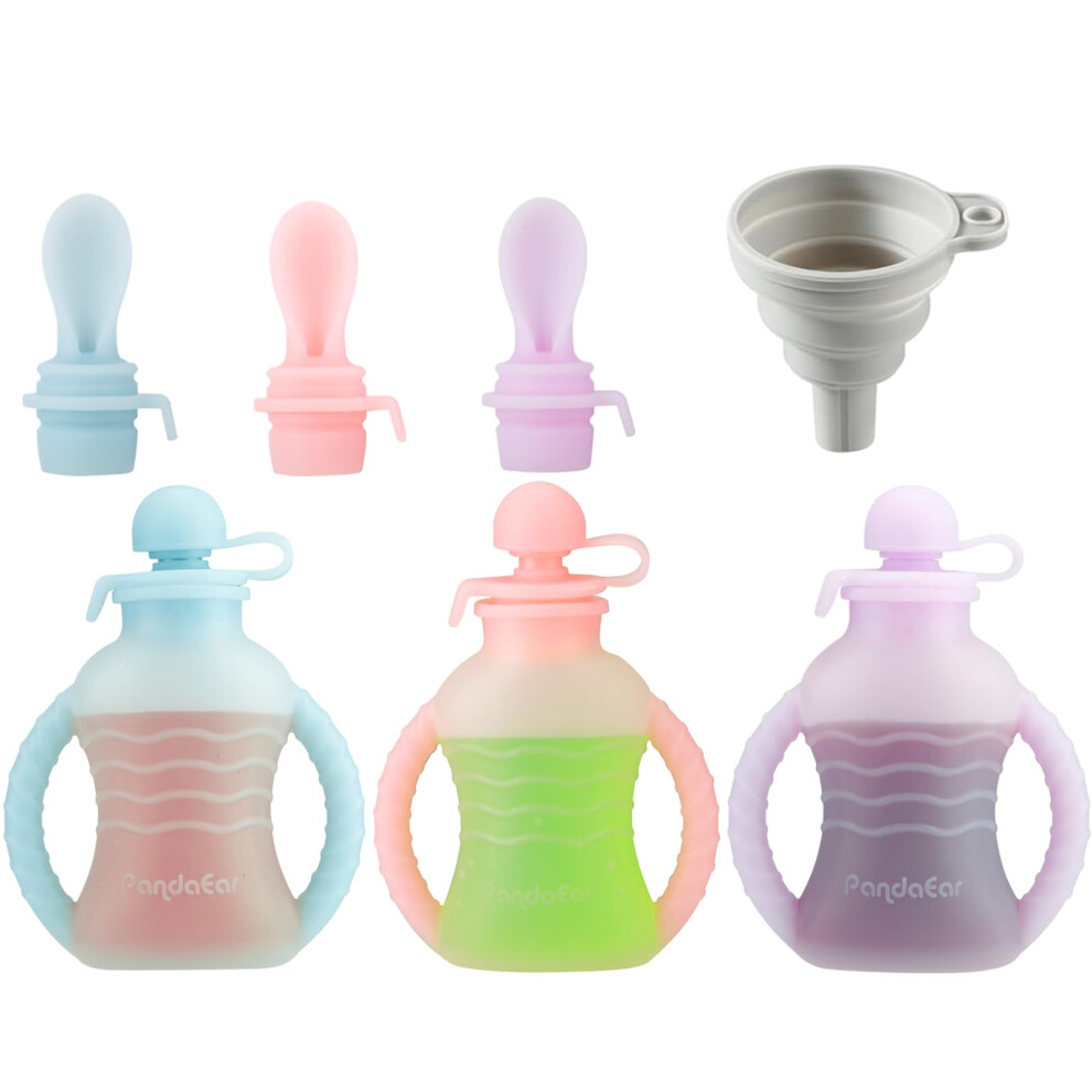 3 Pack Reusable Silicone Baby Food Pouches With 3 Puree Feeder Spoons & Funnel | 4Oz Toddler Food Storage Pouch With Handle | Bpa-Free Baby Pandaear